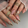 24Pcs Gilded Flower Lines Press on Nails Fake Full Cover Detachable Almond False Nails Tips Sets for Women＆girl Nail