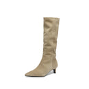 Natural Suede Women Shoes Autumn Winter Slip-On Boots Heels Pointed Toe Knee High Boots
