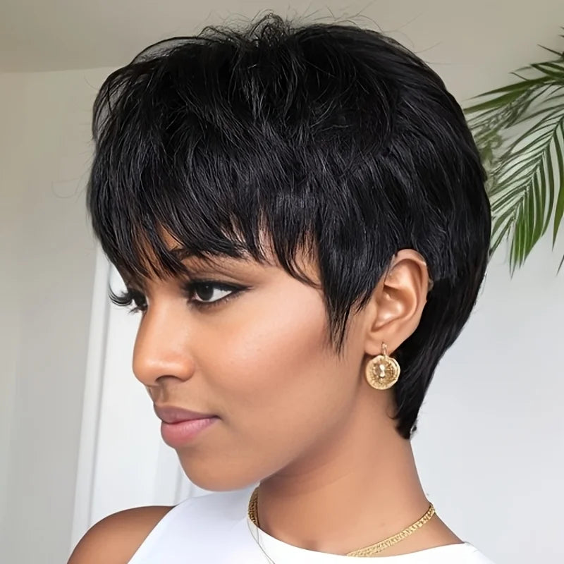 150% density pixie cut  short straight human hair wig 6inch machine made black/4/99j color daily party cosplay use remy wig