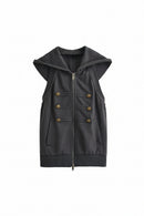 Autumn women's trend retro gold button hooded sleeveless backless sweatshirt jacket