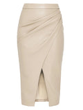 Women Midi Leather Skirt Front Slit Skirts Ladies Black Faux Leather Folded Skirt For Women