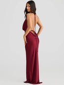 Satin Halter Backless Maxi Dress Women Gown Elegant Lace-up High Waist Evening Club Long Dress