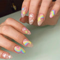 24pcs Cute Colorful False Nail Tips for Girl Rainbow Almond Fake Nails Full Cover Reusable Adhesive Nail