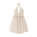 Halter Beige Lace Tops Women Beige Patchwork Knitted Mesh Loose Tops Summer Tank Tops Women