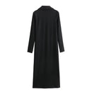 Spring Women Black Fitted Ribbed Dress Long Sleeve Lapel Collar Front Button Female Midi Vintage Dresses