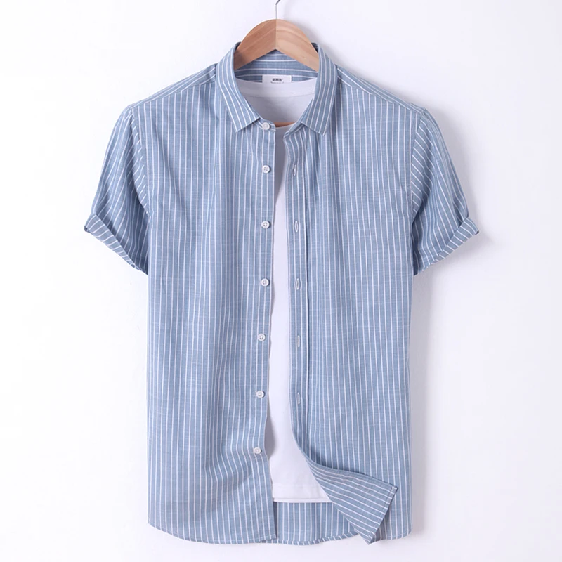 Spring and Summer Pure Cotton Short Sleeved Shirt Men's Stripe