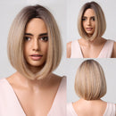 Light Brown Short Straight Bob Wig Ombre Middle Length Wigs with Bangs Natural