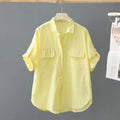 Summer Short Sleeve Cotton Shirt Women Casual Tops Solid Loose Fashion Blouse Elegant Pocket Office Lady Shirts Clothing