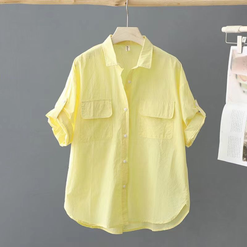 Summer Short Sleeve Cotton Shirt Women Casual Tops Solid Loose Fashion Blouse Elegant Pocket Office Lady Shirts Clothing