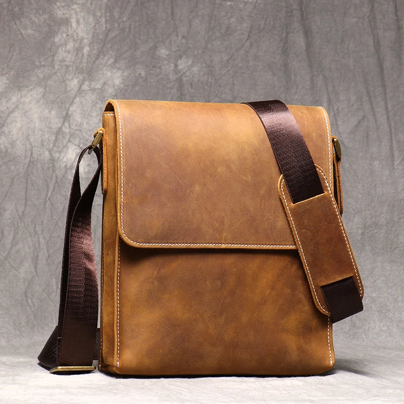 Leather Shoulder Bag Men's Bag Brown Crossbody Casual Magnetic Buckle Flap Shoulder Bags