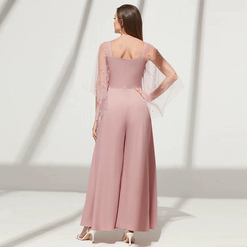 Dress Pink Tulle Flare Sleeve Waist Women Mesh V-Neck Evening Dress New Women Sweet Evening Dress Bridesmaid Dress