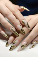 Nails with gold and white design on a neutral background, Obroi