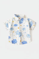Children's shirt with blue cloud pattern on a white background, Obroi