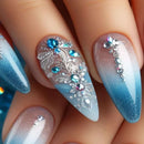 24Pcs Blue French Fake Nails  Glittering Almond Press on False Nails Gradient Flowers with Diamonds Detachable Manicure