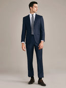 Men Luxury Suits Set Wool Cashmere Deep Blue Plaid Blazer Pant Slim Fit Wedding Groom Wear