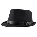 Black fedora hat with a leather band on a white background, Obroi