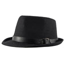 Black fedora hat with a leather band on a white background, Obroi