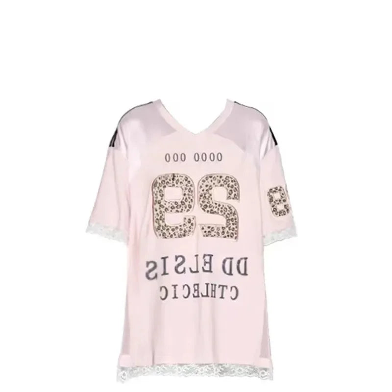 Chic Women T-shirts Letter Pink Short Sleeve Tshirts Loose Embroidered  Girls Preppy Clothes Tops