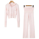 Hooded Knitted Sweatshirt Low Waist Tight Casual Pants Two Pieces Set Women