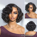 A collage showing a short curly wig on a mannequin from the front, side, and back. The wig is dark brown to black with soft waves and a side part, Obroi