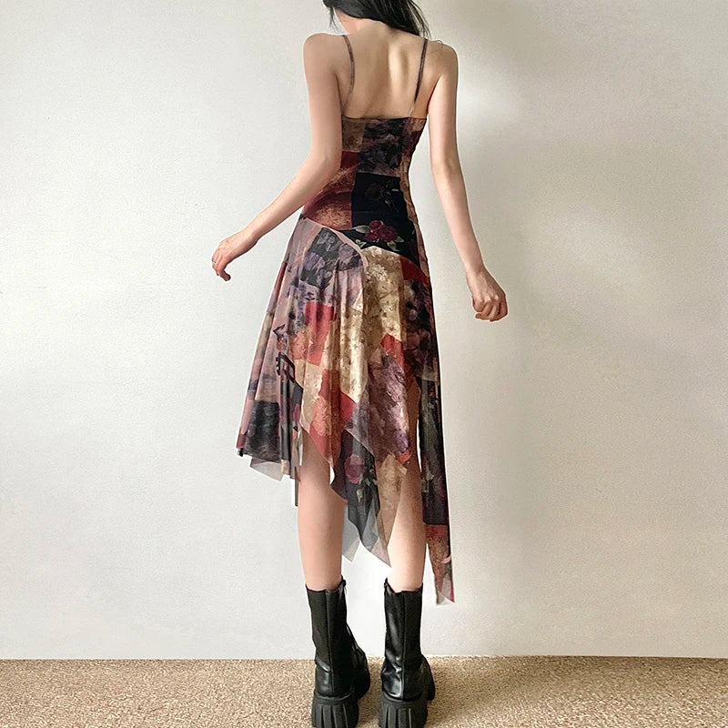 Flower Long Dress Women Vintage Slim-fitting Sundress Holiday