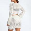 Women Knit Skirt Set Long Sleeve Hollowed Tops with Elastic Waist Mini Skirt Fall Outfit