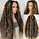 Mannequin head with long, wavy, black and blonde wig on a white background, Obroi