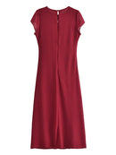 Dresses For Women Front Gathered Button Elegant Office Dress Round Neck Cap Sleeve Vintage Midi Dress With Slit