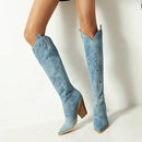 Denim Western Women Knee Thigh High Boots Autumn Winter Slip on Woman Shoes