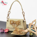 Shoes and Bag Set in Peach Sweet with Shinning Crystal for Wedding