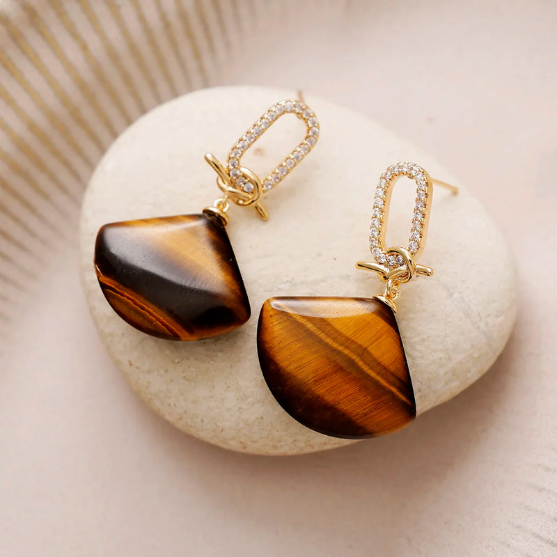 Natural Stones Sector Pendant Zircon Stud Earring Healing Crystal Woman Dangle Earrings Luxury Jewelry