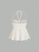 Women Summer Casual Lace Textured Short Halter Neck Lace Up Vest Top