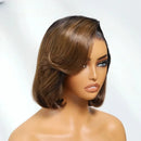 A shoulder-length brown wig with side-swept bangs displayed on a mannequin bust against a light gray background, Obroi