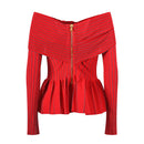 Spring Collection Slash Neck Striped Ruched Knitting Women Sweater