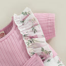 Baby Girls Casual Jumpsuit Bowknot Round Neck Short Sleeve Ribbed Patchwork Jacquard Floral Long Romper Clothes