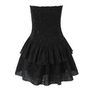 Women Hollow Out Embroidery Strapless Dresses Front Buckle Fit And Flare Party Mini Dresses