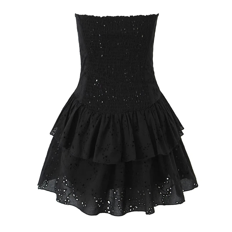 Women Hollow Out Embroidery Strapless Dresses Front Buckle Fit And Flare Party Mini Dresses