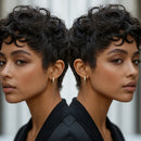 Side-by-side comparison of a woman with styled hair against a neutral background, Obroi