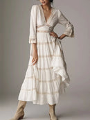 Elegant Hollow Out Women's Long Dresses Flare Sleeves Lace Splicing Dress Summer Autumn Female