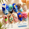 24PCS Summer Vacation Style Almond Press on Nails with Ocean Blue French Sweet Coconut Tree Pattern Fake Nails Wearable Manicure