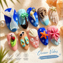 24PCS Summer Vacation Style Almond Press on Nails with Ocean Blue French Sweet Coconut Tree Pattern Fake Nails Wearable Manicure