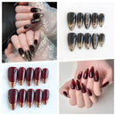 Collage of nail designs with dark and red colors on a white background, Obroi