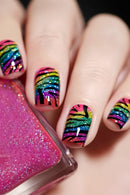 Nails with colorful zebra pattern and glittery pink nail polish, Obroi