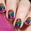 Nails with colorful zebra pattern and glittery pink base, Obroi