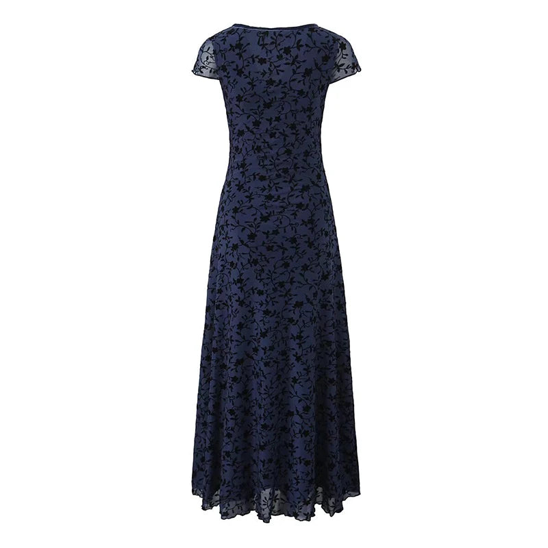 Summer Women Floral Dress High Waist A-line Midi Mesh Dresses