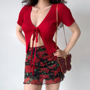 Summer Floral Mesh Mini Skirt Rose Women Wrap Hip A Line Short Skirt Vintage Slim Fit