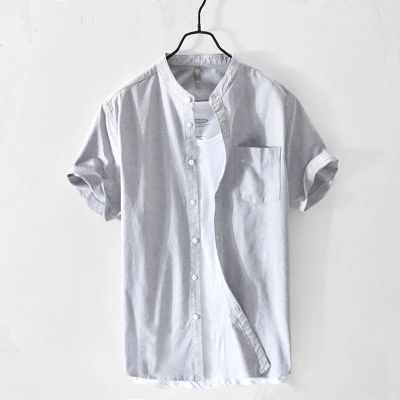 Summer Men Standing Collar Comfortable Shirt Casual Solid Loose Fitting Trend Short Sleeve Shirt