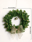 Green Christmas wreath with gold decorations and measurements on a white background, Obroi