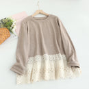 Girl Hollow Out Ruffled Hem Patchwork Cotton T-Shirts Women Autumn Casual Loose Shirts