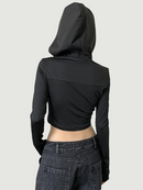Gotrh Dark Techwear Cyber Gothic T-shirts Grunge Hooded Bodycon Zip Up Blouses Punk Black Streetwear Crop Tops Women